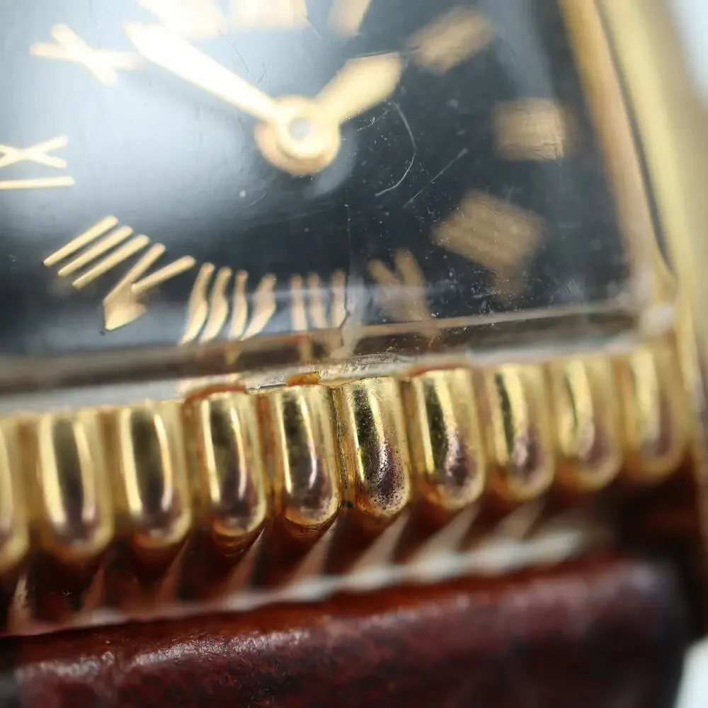 Vintage Fossil Dual Time 25mm Tank Watch Gold Tone Curved Black Dial New Battery
